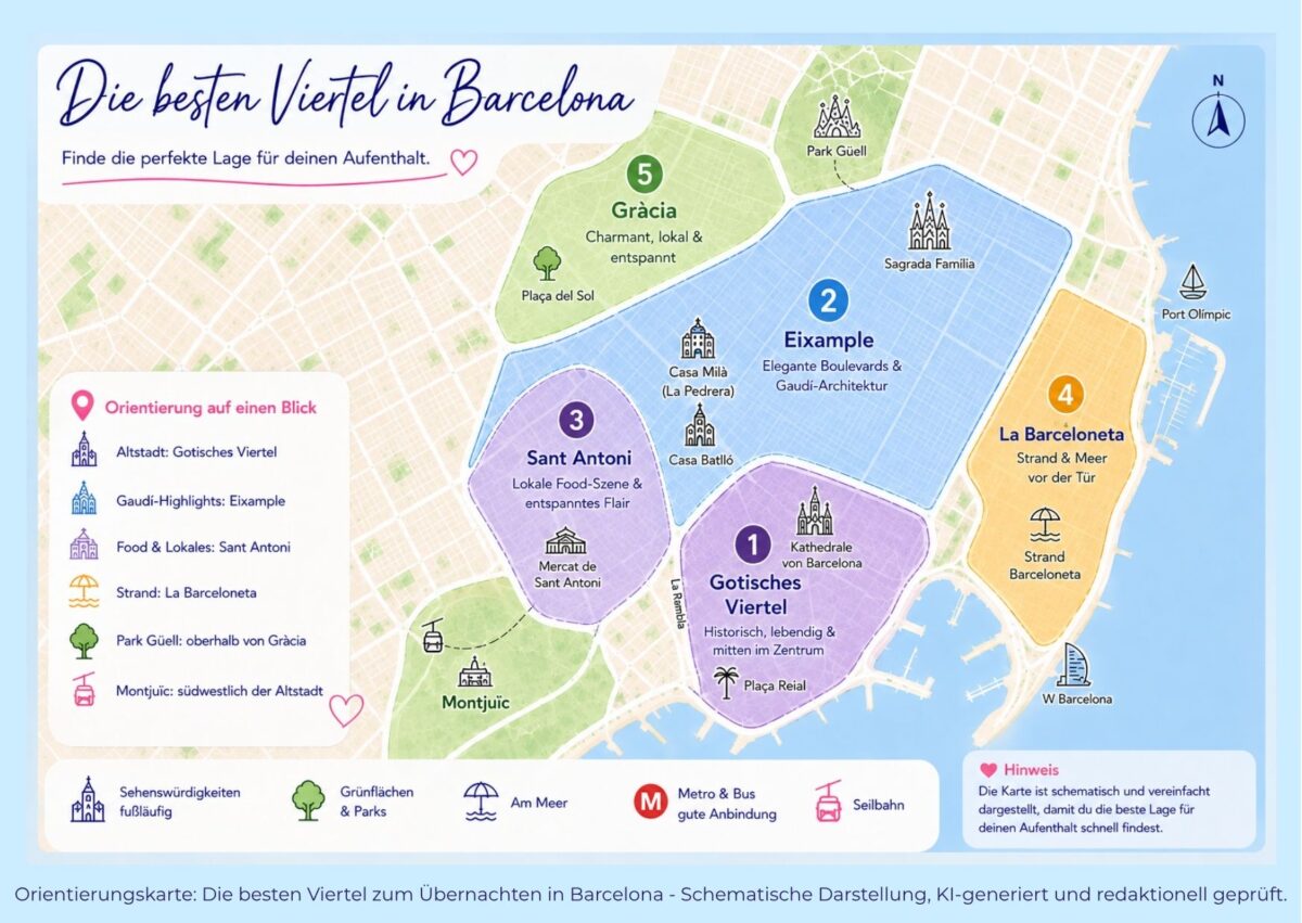 Illustrierte Karte mit Barcelonas Vierteln, darunter Gotisches Viertel, Eixample, Gràcia, Sant Antoni und La Barceloneta.
