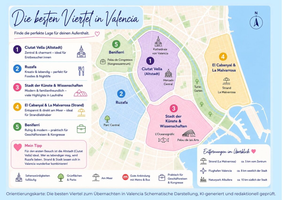 Karte der besten Viertel zum Übernachten in Valencia mit Ciutat Vella, Ruzafa, El Cabanyal, La Malvarrosa, Beniferri und Stadt der Künste und Wissenschaften