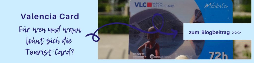 Valencia Touristenkarte mit Informationen und Logo auf einem unscharfen Hintergrund.