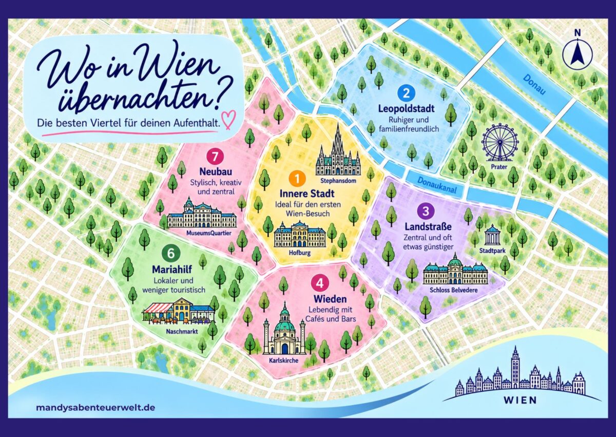Die Wien-Karte ordnet sechs Stadtviertel zum Übernachten ein und zeigt Wahrzeichen wie Stephansdom, Prater und Naschmarkt.