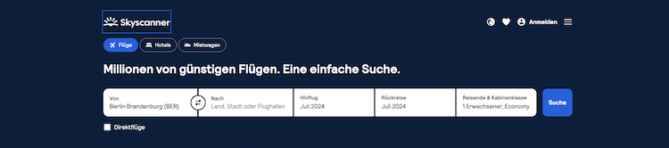 Skyscanner-Startseite zur Suche nach günstigen Flügen mit flexiblem Reiseziel und Reiseplanung in fünf einfachen Schritten