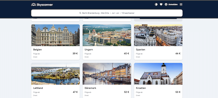 Skyscanner zeigt günstige Zielländer für die Suche nach Flügen mit flexiblem Reiseziel, darunter Belgien, Ungarn und Spanien.