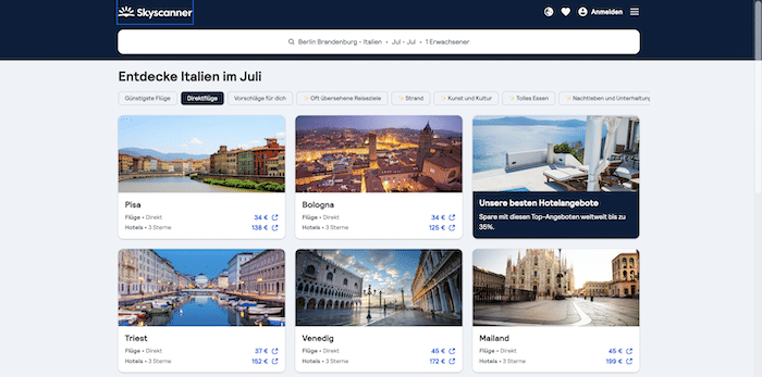 Skyscanner zeigt günstige flexible Reiseziele wie Pisa, Bologna, Triest, Venedig und Mailand für die Flugbuchung.
