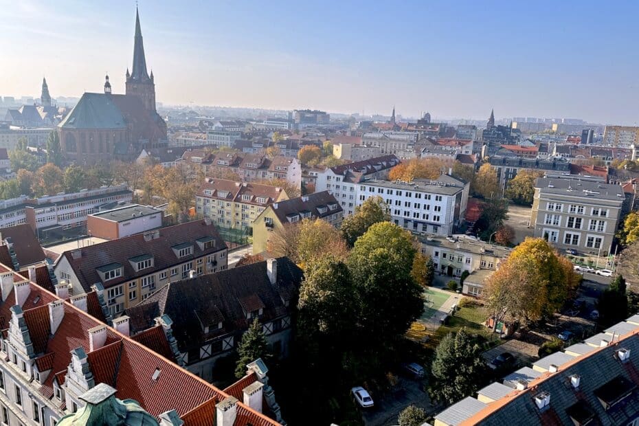 Blick auf eine Stadt mit historischen Gebäuden und Bäumen unter blauem Himmel.