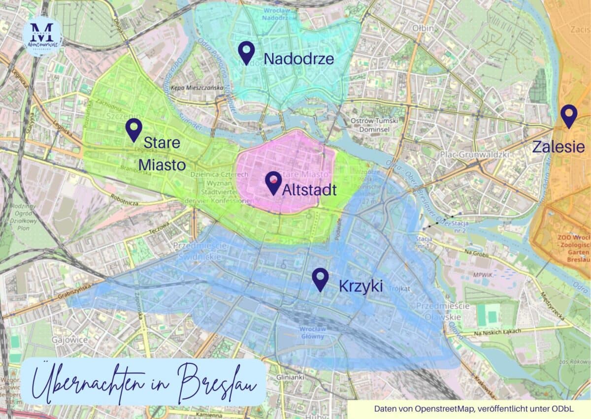 Karte mit eingezeichneten vierteln von Breslau