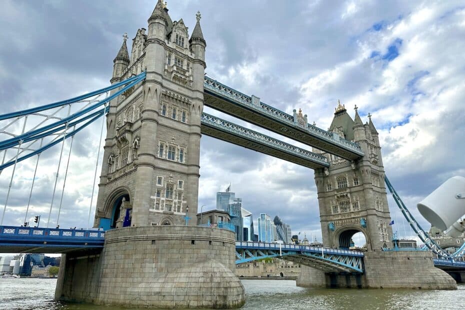 Tower Bridge in London with its iconic towers and suspension design over the River Thames.
