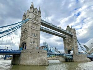 Tower Bridge in London with its distinctive towers and suspension design over the River Thames.