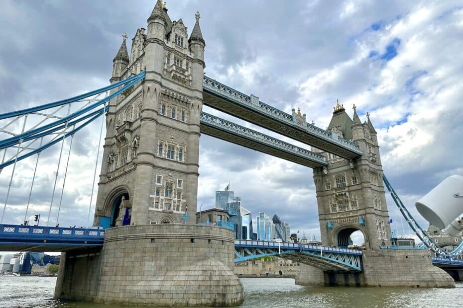 Tower Bridge in London with its distinctive towers and suspension design over the River Thames.