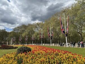 Bunte Blumen mit britischen Flaggen auf Fahnenmasten in einem Park.