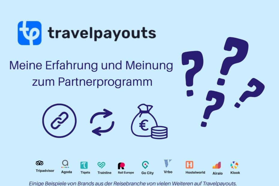 Grafik mit dem Logo von Travelpayouts und verschiedenen Reiseplattformen sowie Fragezeichen.