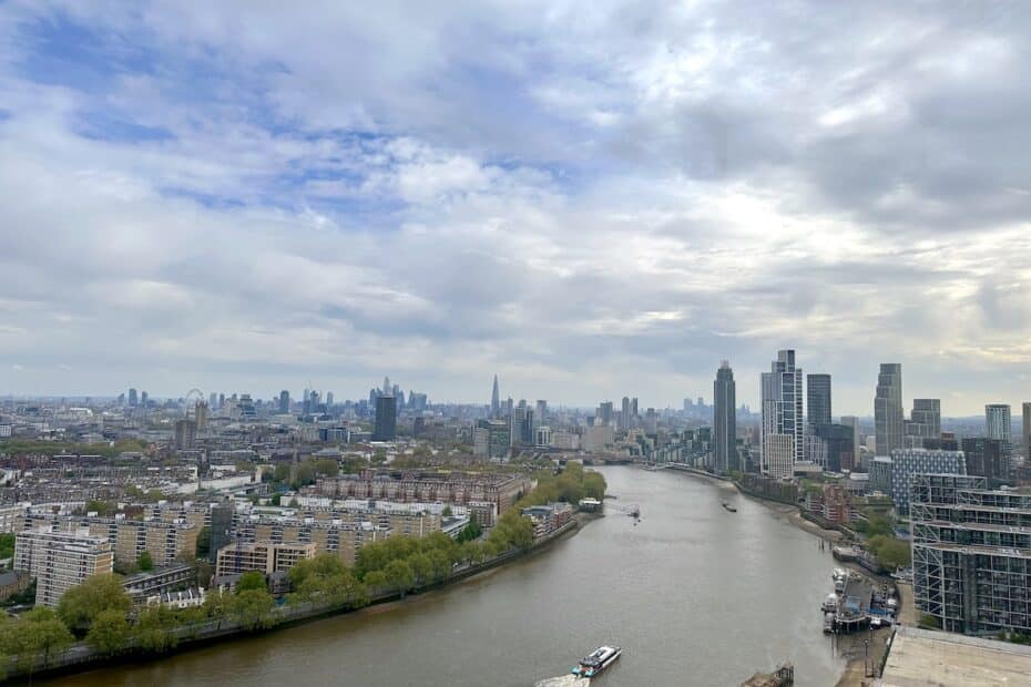 Panoramablick auf die Themse mit der Londoner Skyline im Hintergrund und einem Boot auf dem Wasser.