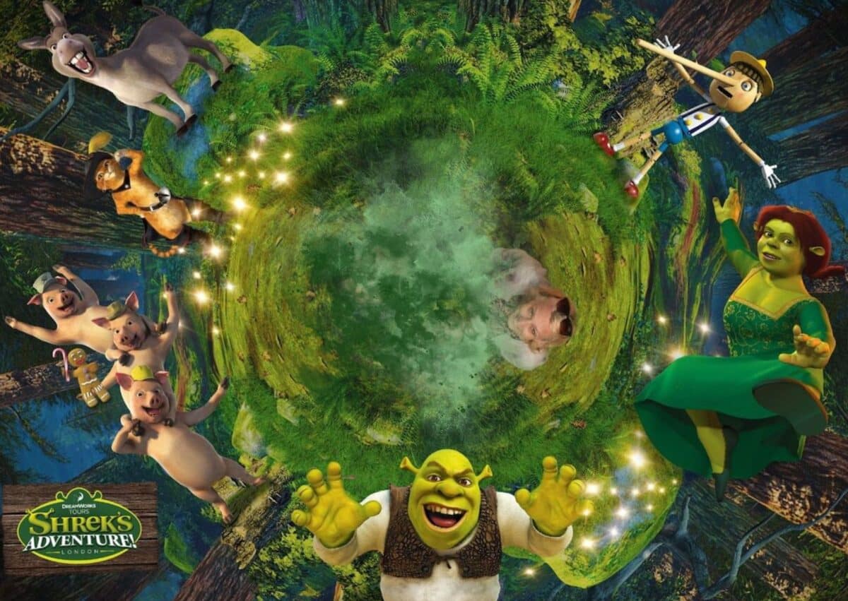 Illustration von Shrek und anderen Charakteren aus Shrek's Adventure in einem Waldsetting.
