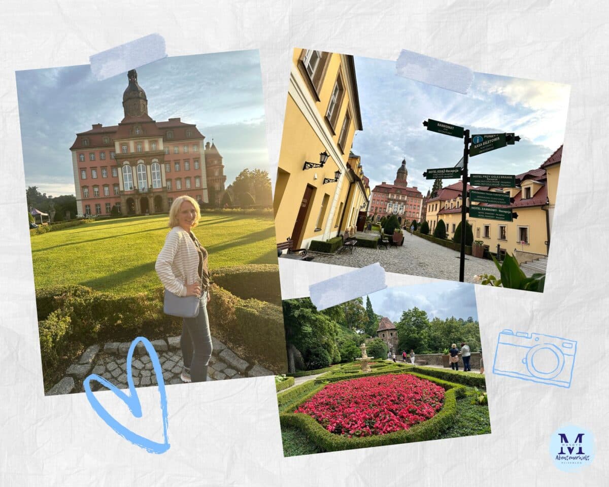 Fuerstenstein Schloss mit Garten und Wegweisern in der Umgebung.