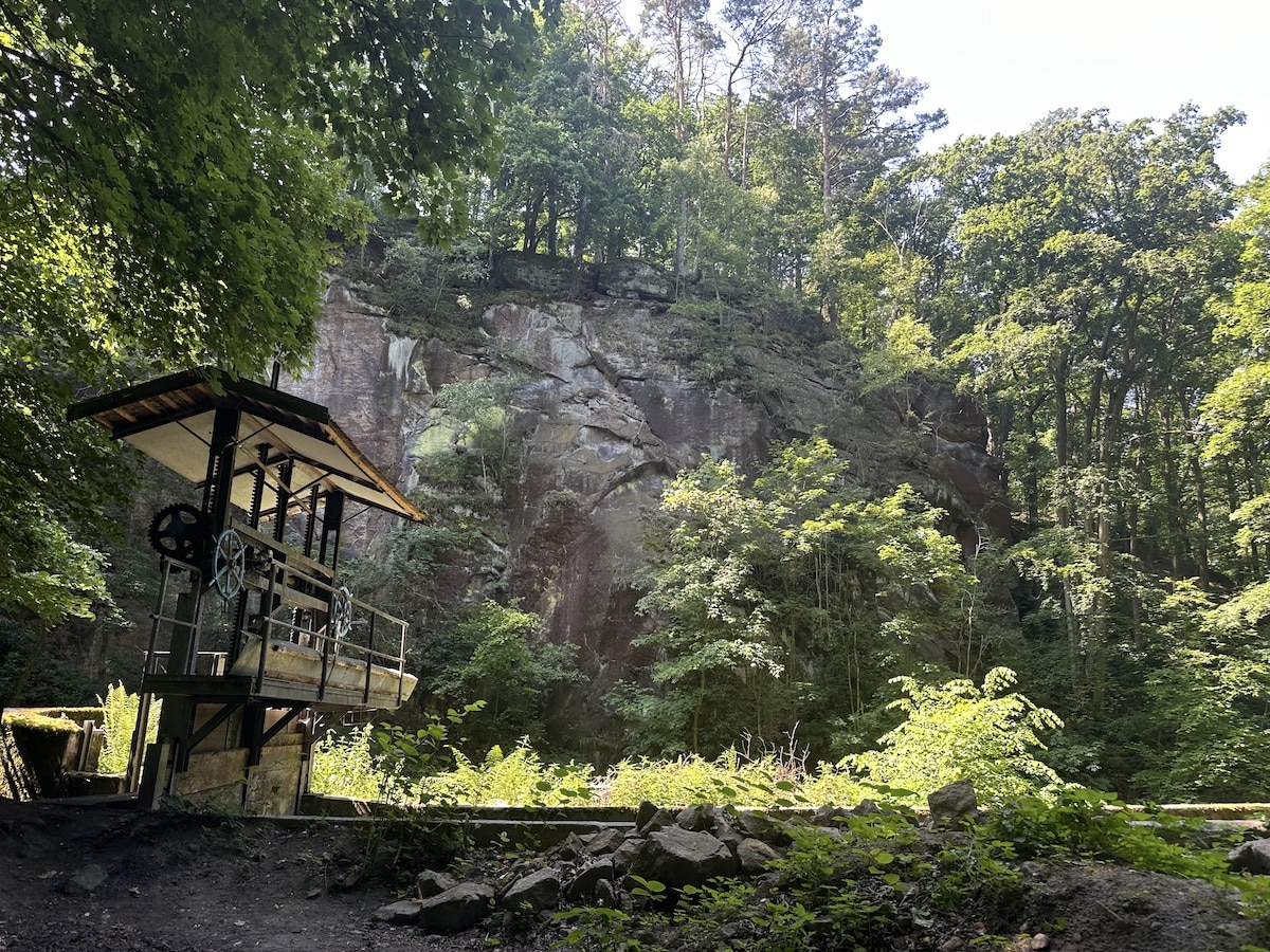 Holzplattform mit Seilbahn vor einer Felswand in einem bewaldeten Gebiet.