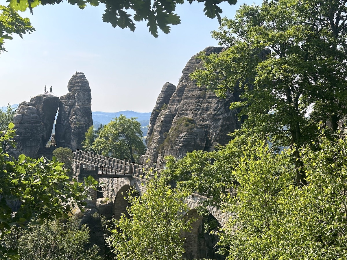Felsenbrücke mit natürlichen Felsen und Bäumen im Nationalpark Sächsische Schweiz.