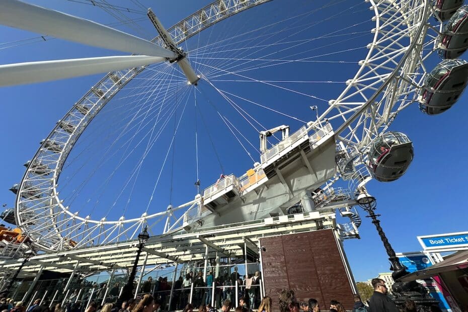 Das London Eye Riesenrad mit Passagierkabinen und Besuchern am Fuß des Rades.