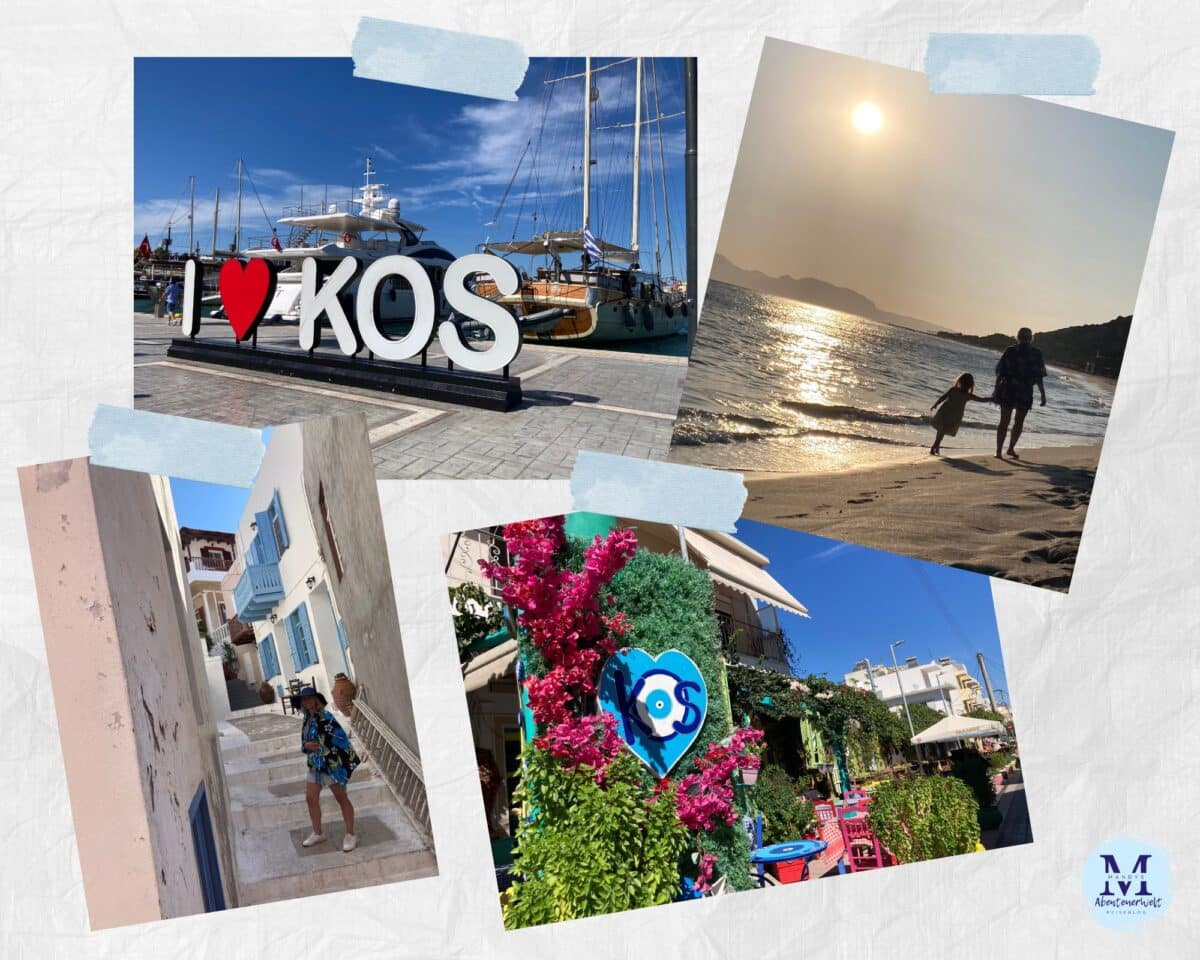 Kollage mit verschiedenen Ansichten von Kos, einschließlich Hafen, Strand und Stadtansichten.