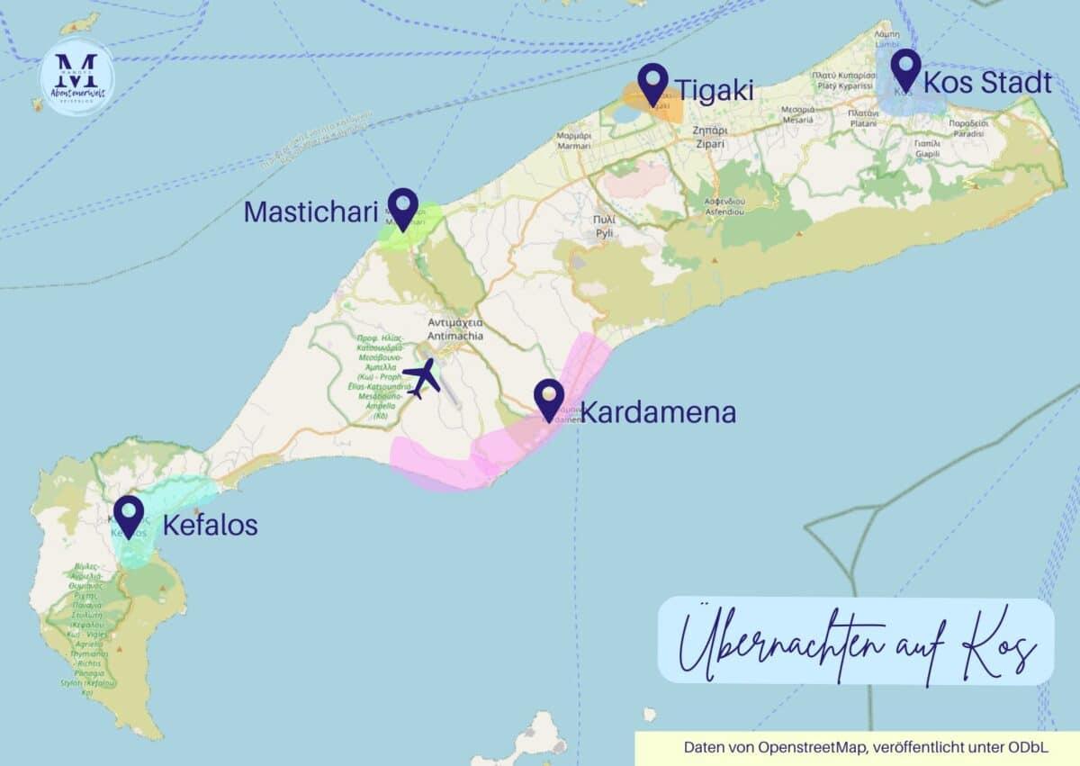 Karte der griechischen Insel Kos mit markierten Städten und Sehenswürdigkeiten.