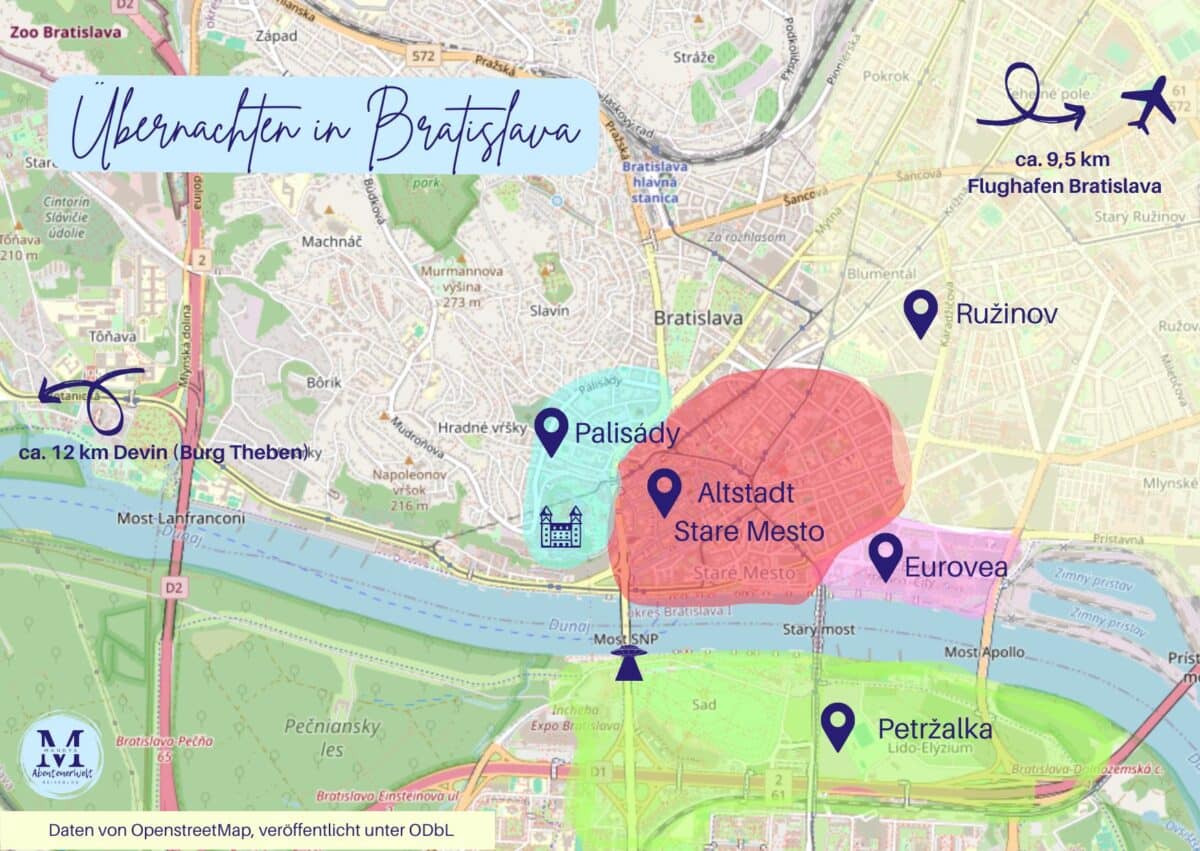 Detailkarte von Bratislava mit den Stadtteilen und wichtigen Punkten wie Altstadt und Eurovea.