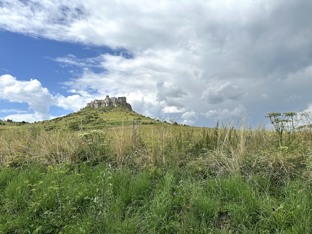 Die Zipser Burg auf einem Hügel, umgeben von Gras und Wolken am Himmel.