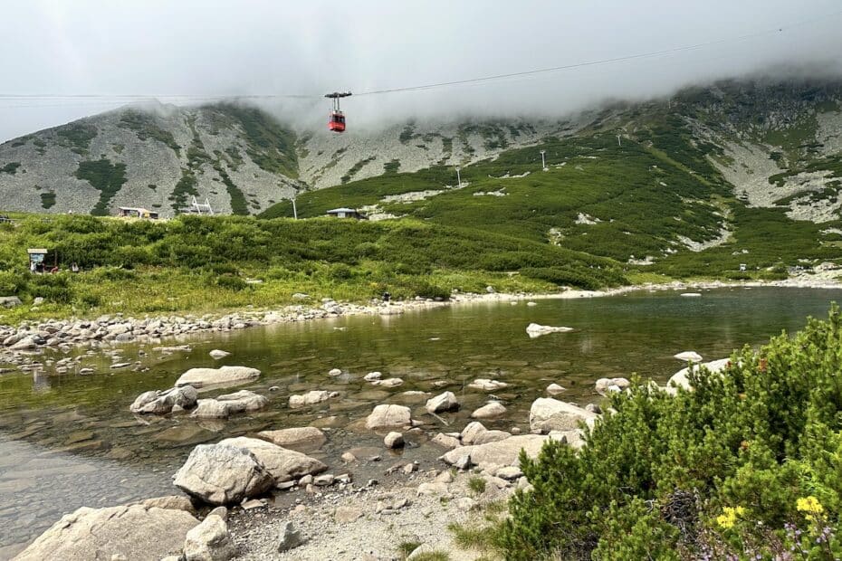 Rote Seilbahn schwebt über einen Bergsee mit Steinen und Grasbewuchs im Vordergrund.