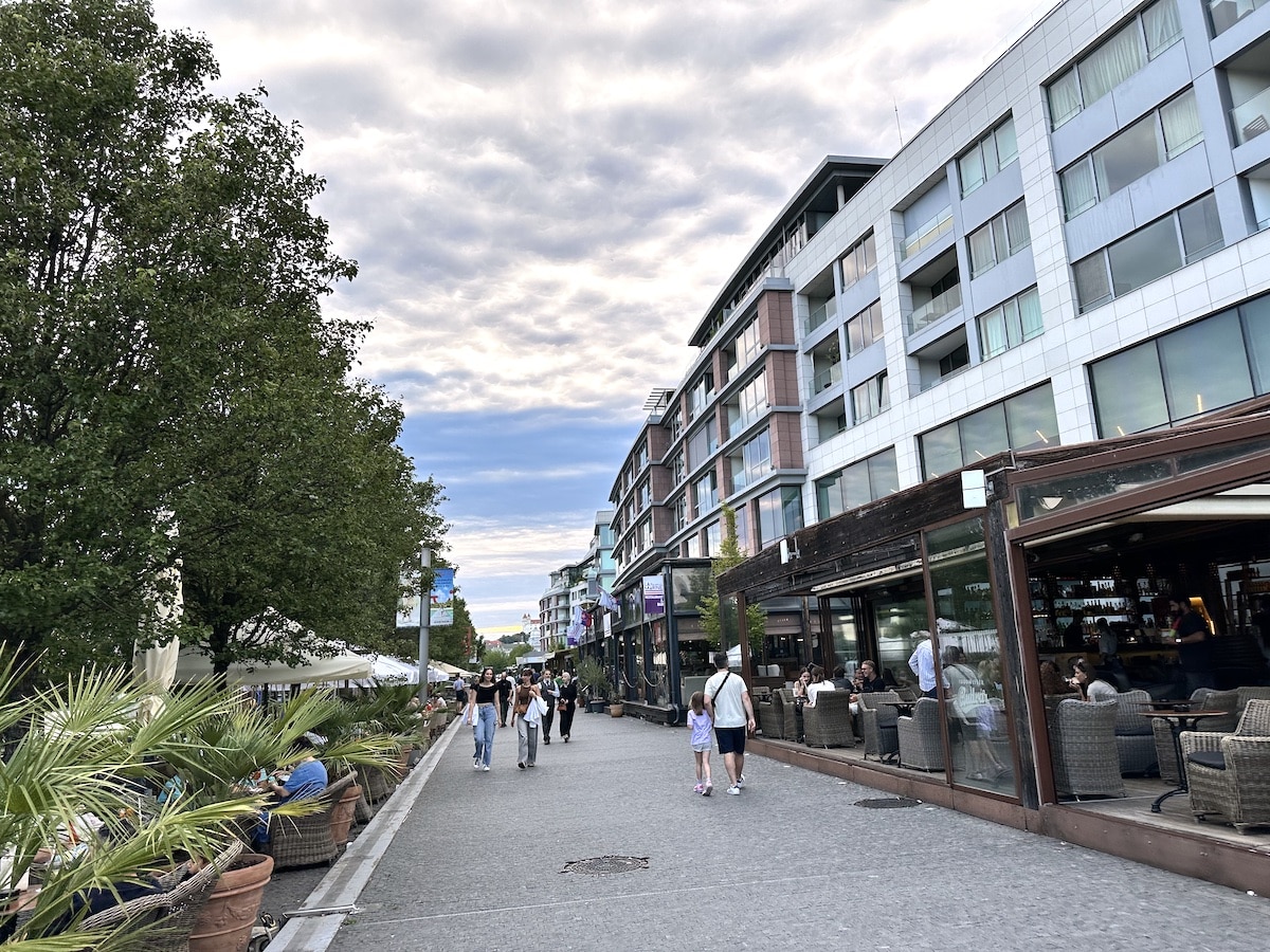 Blick auf eine moderne Straße mit Geschäften und Restaurants, umgeben von Bäumen und Menschen.
