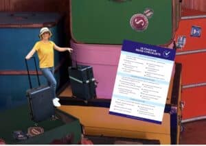Eine Person mit einem Koffer steht neben einer bunten Ansammlung von Reisekoffern und einer Reisecheckliste.
