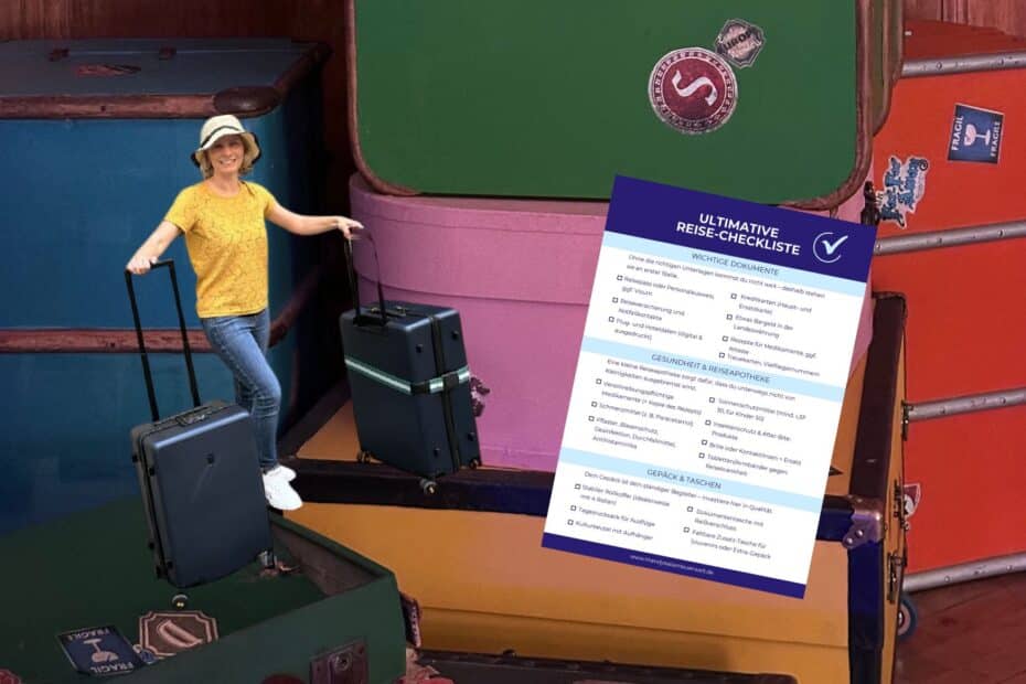 Eine Person mit einem Koffer steht neben einer bunten Ansammlung von Reisekoffern und einer Reisecheckliste.