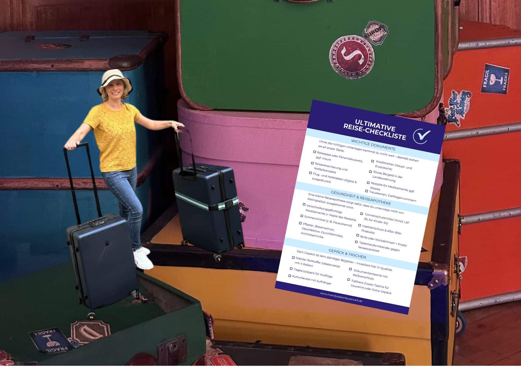 Eine Person mit einem Koffer steht neben einer bunten Ansammlung von Reisekoffern und einer Reisecheckliste.