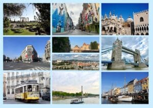 Collage von Stadtansichten mit verschiedenen architektonischen Stilen und Wahrzeichen.