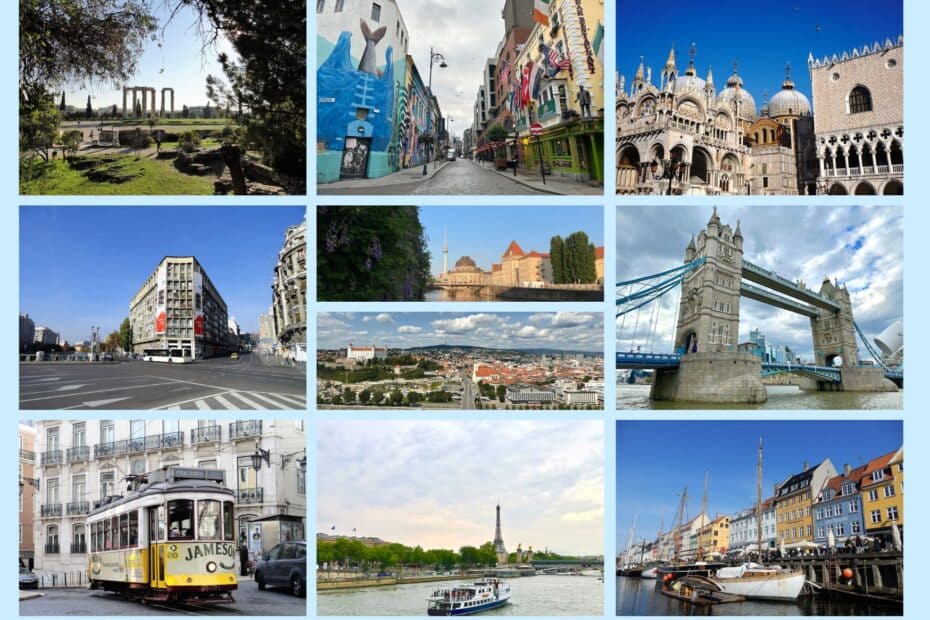 Collage von Stadtansichten mit verschiedenen architektonischen Stilen und Wahrzeichen.