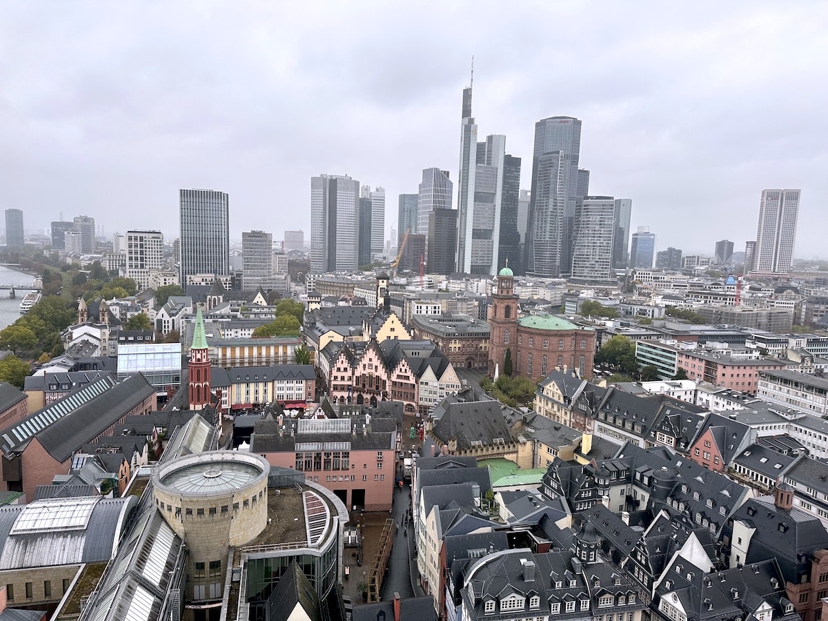 Panoramablick auf die Skyline von Frankfurt am Main mit historischen und modernen Gebäuden.
