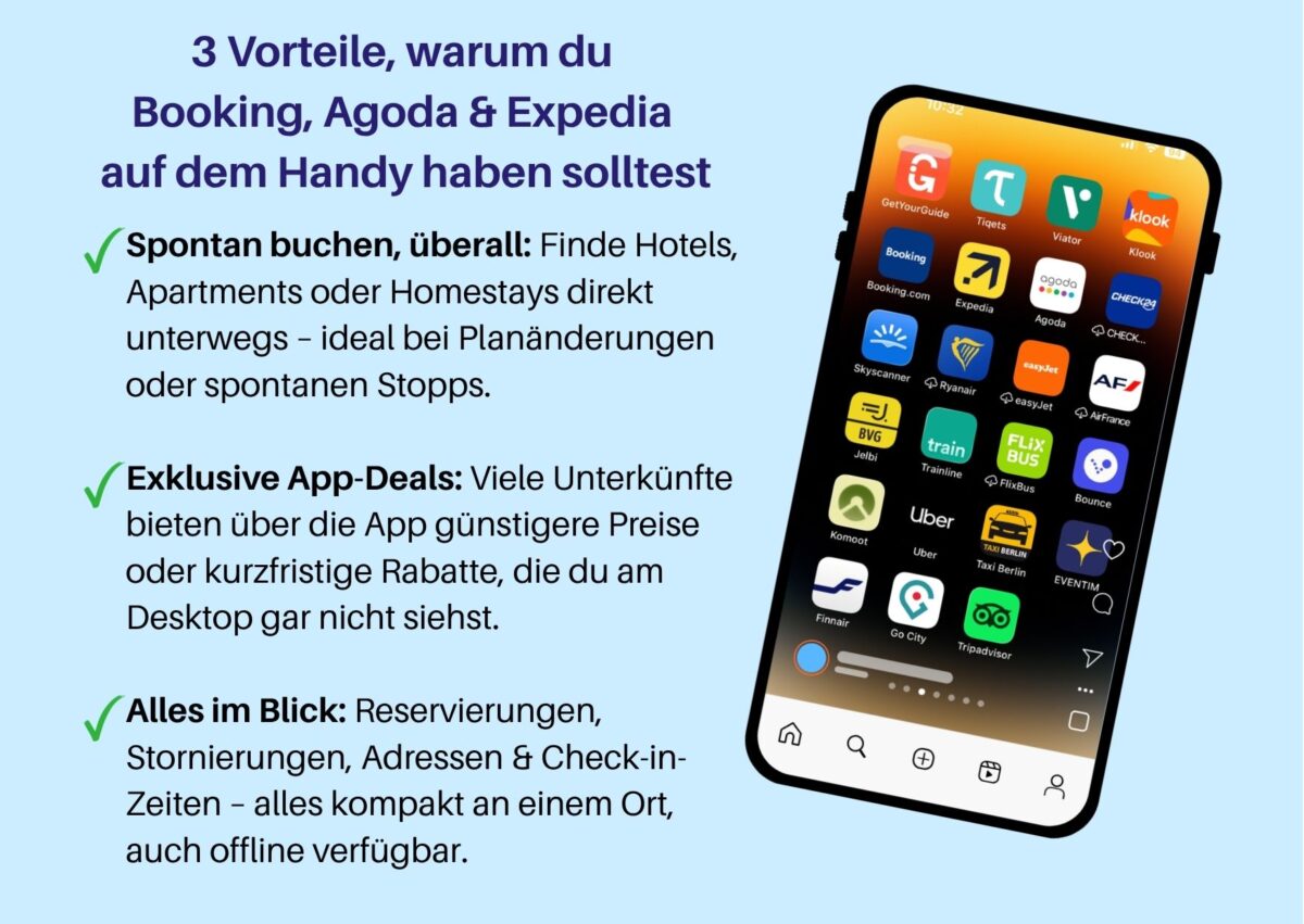 Apps für unterwegs Agoda, Booking, Expedia