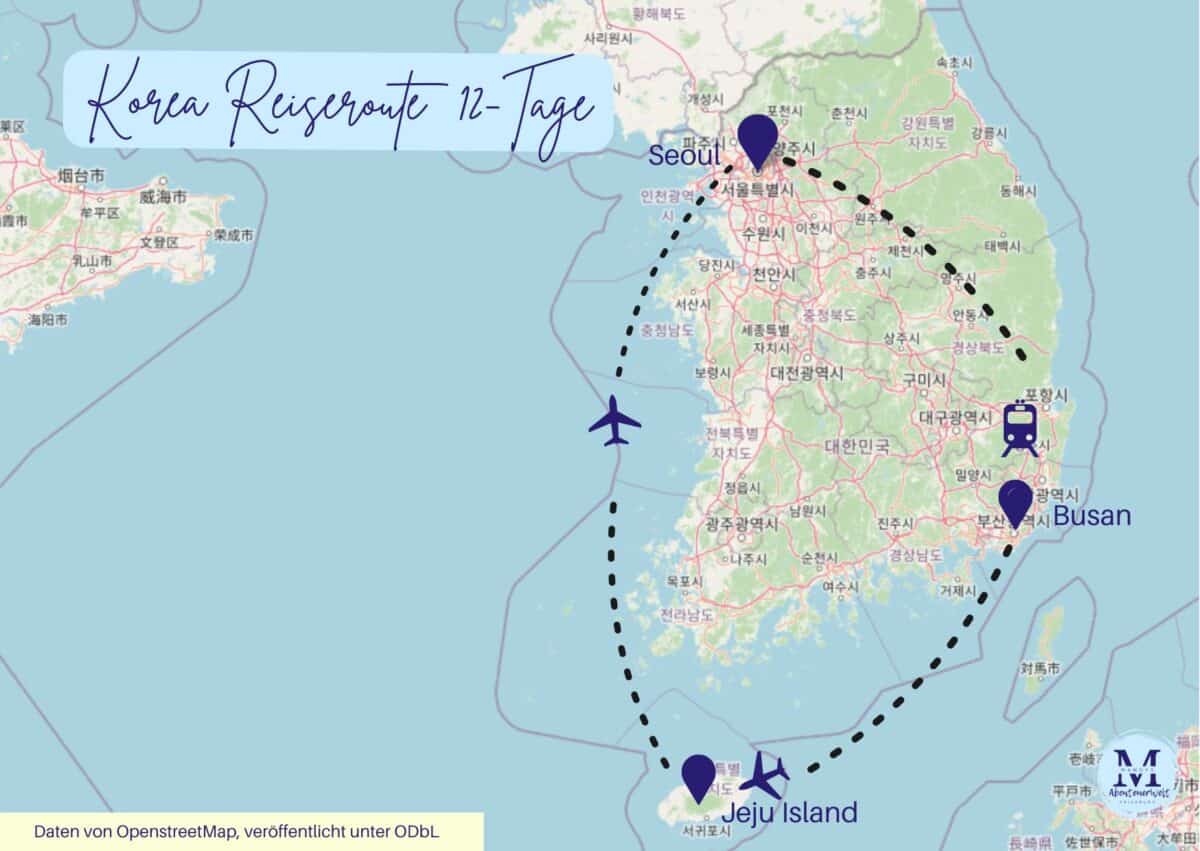 Übersicht Karte Korea Reiseroute