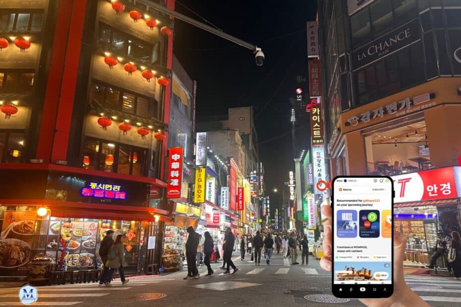 Belebte Straßenansicht mit bunten Lichtern und einem Smartphone in der Hand, das eine App zeigt.