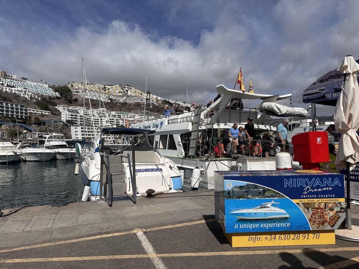 Blick auf den Hafen von Gran Canaria mit dem Privatboot Nirvana Dreams, Passagiere an Bord einer Wal- und Delfinbeobachtungstour, Gebäude am Hang im Hintergrund.