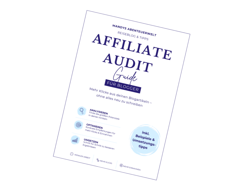 Schräges Titelblatt des Guides „Affiliate Audit für Blogger“ von Mandys Abenteuerwelt mit Tipps zu Affiliate-Links
