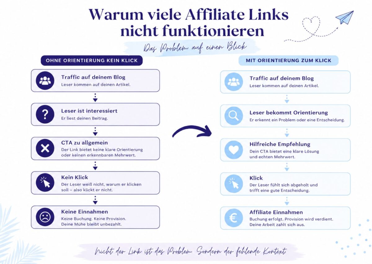 Grafik „Warum viele Affiliate Links nicht funktionieren“: Vergleich ohne Orientierung kein Klick vs. mit Orientierung zum Klick, mit blauen Karten und Euro-Symbol.