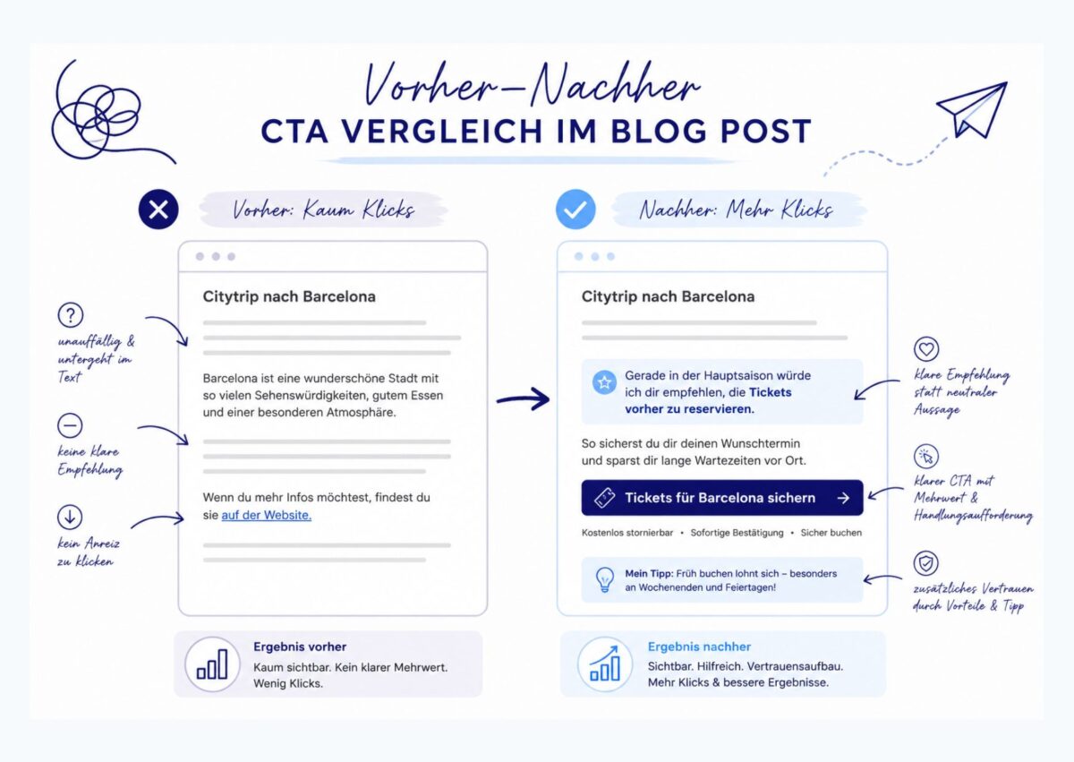 Vorher-Nachher CTA-Vergleich im Blog-Post mit „Vorher: Kaum Klicks“ und „Nachher: Mehr Klicks“, Citytrip nach Barcelona und CTA „Tickets für Barcelona sichern“