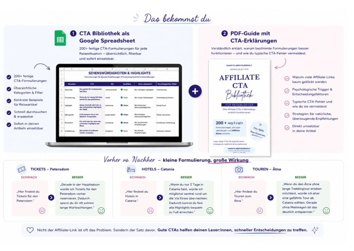 „Das bekommst du“ zeigt die Affiliate CTA Bibliothek als Google Spreadsheet sowie einen PDF-Guide mit CTA-Erklärungen, klar strukturiert in blau, grün und weiß.