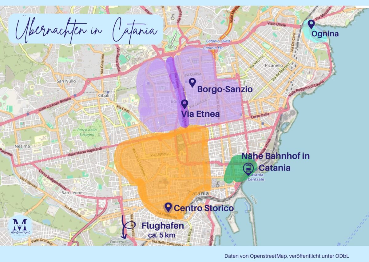 Farblich markierte Karte „Übernachten in Catania“ mit Centro Storico, Via Etnea, Borgo-Sanzio sowie Hinweisen zur Nähe Bahnhof Catania Centrale und Flughafen ca. 5 km.