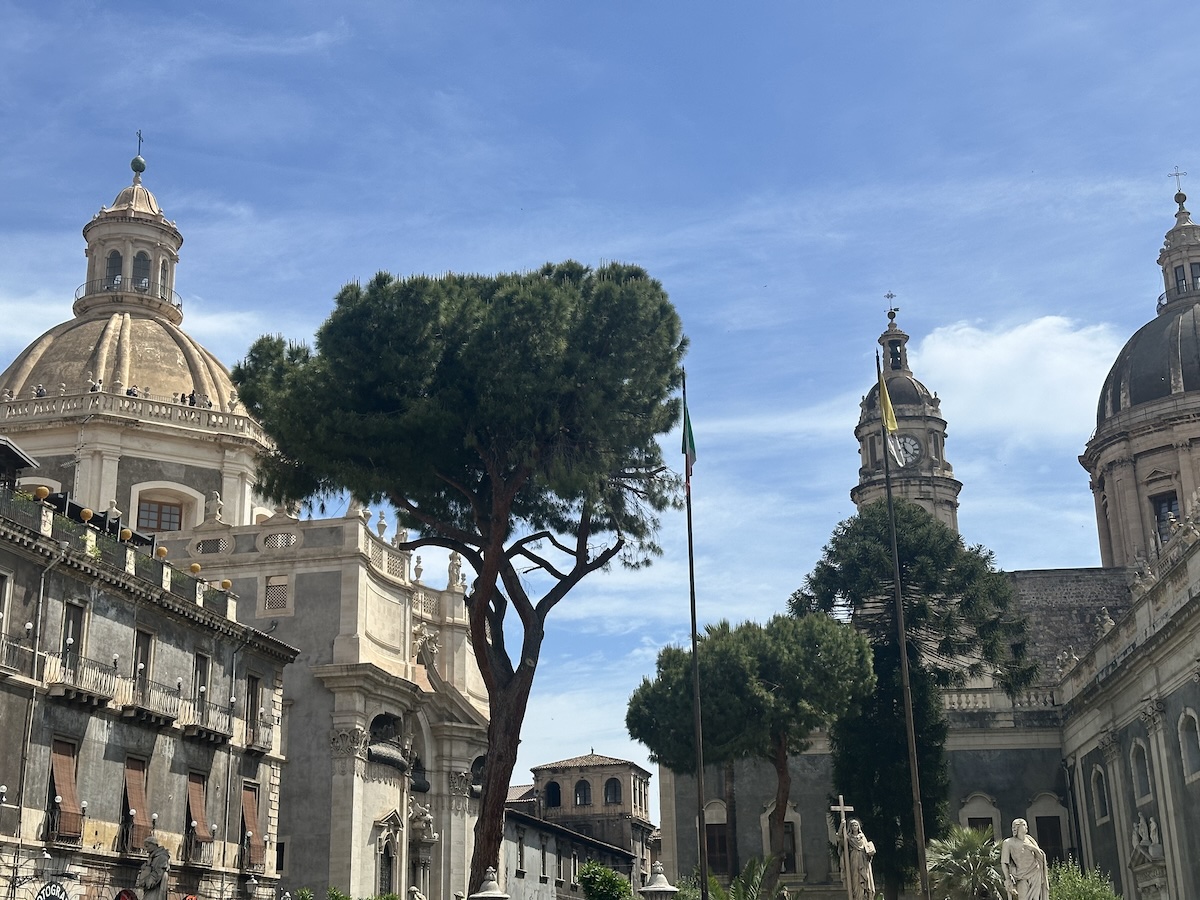 Zwischen grünen Bäumen und blauem Himmel ragen die hohen Kuppeln an der Piazza del Duomo in Catania auf, im Guide zum Ätna-Ausflug.