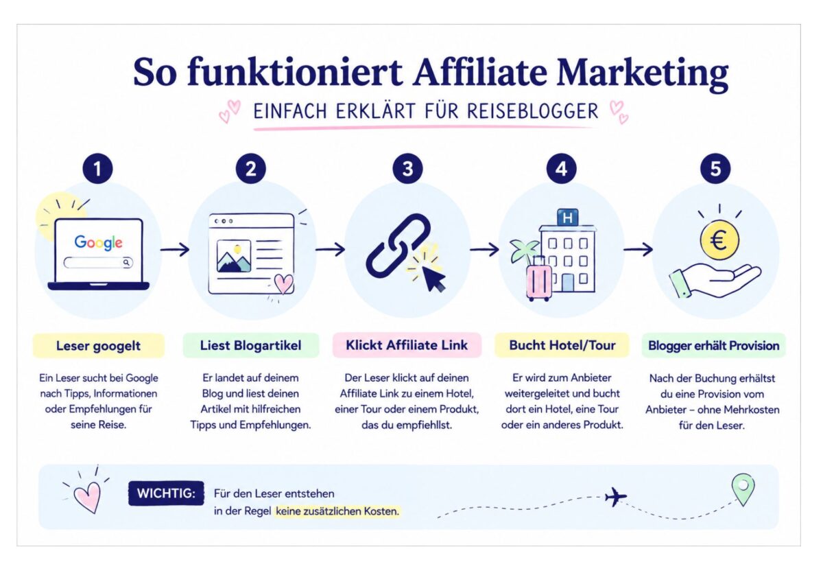 „So funktioniert Affiliate Marketing“ – „Einfach erklärt für Reiseblogger“: fünf Schritte von Google-Suche bis zur Provision, als farbige Infografik in Blau und Pink.