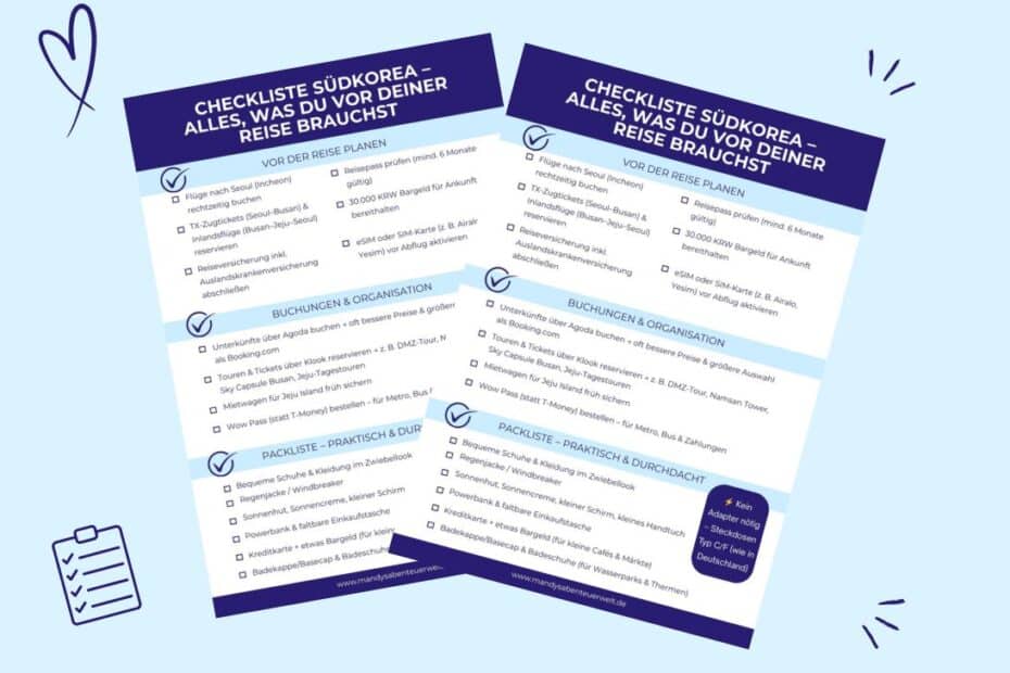 Zwei Checklisten zur Südkorea-Reise mit Überschriften zu Vorbereitung, Recherche, Buchung und praktischer Organisation