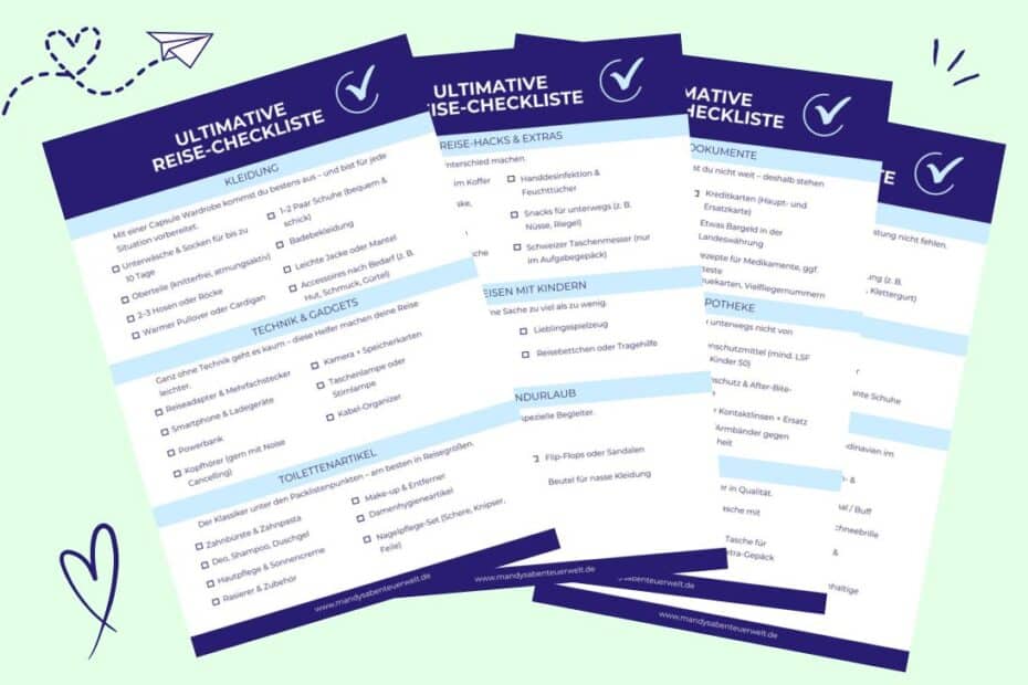 Vier digitale Reise-Checklisten mit dem Titel „Ultimative Reise-Checkliste“ für Dokumente, Technik, Gepäck und Reiseplanung.