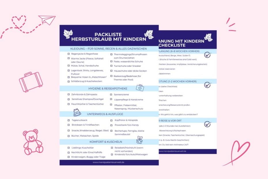 Checklisten für Packliste, Herbsturlaub mit Kindern und Ankunft mit Kindern auf übersichtlichen Listen