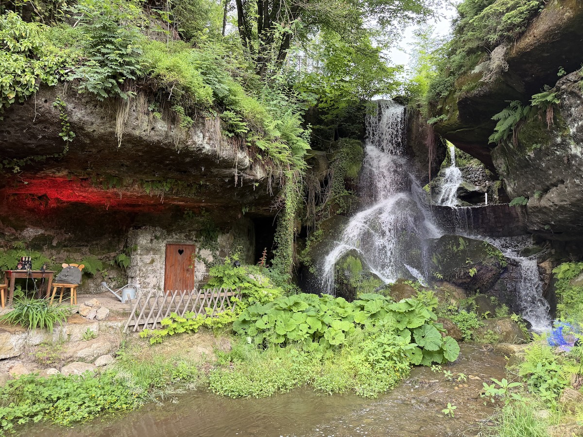 Am Lichtenhainer Wasserfall rauscht Wasser vor einer moosigen Felswand, während grüne Pflanzen und ein kleiner Zugang im Fels die Szene prägen.