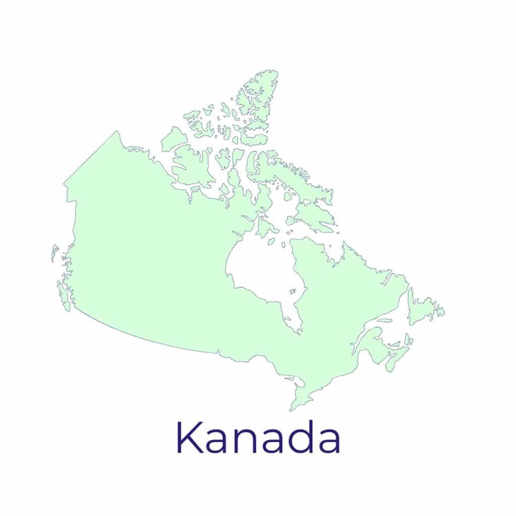 Zu sehen ist eine hellgrüne Umrisskarte von Kanada mit dem Schriftzug „Kanada“ darunter auf weißem Hintergrund.