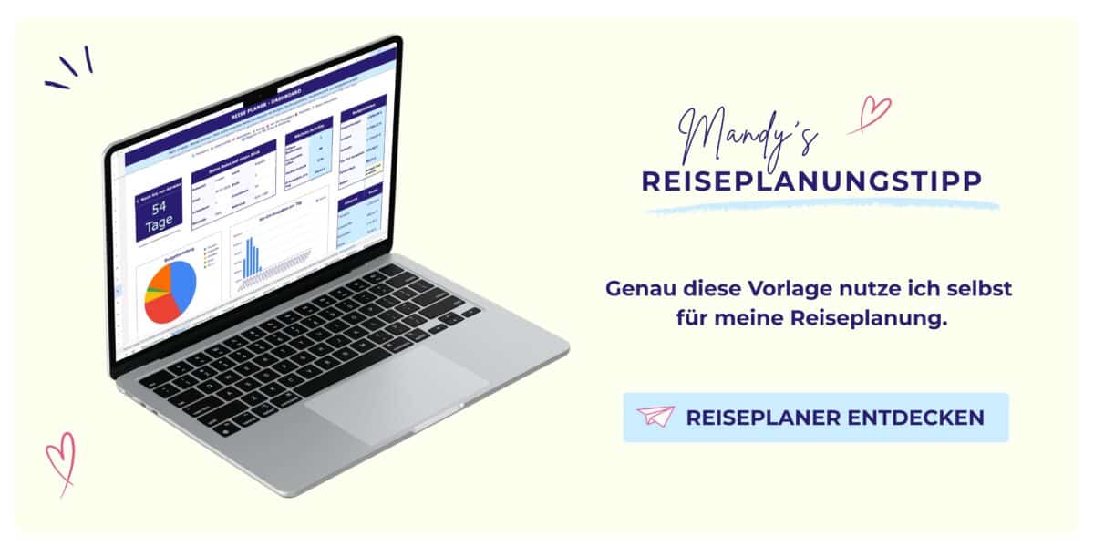 Ein silbernes Laptop zeigt ein Reiseplaner-Dashboard, daneben stehen „Mandy’s Reiseplanungstipp“ und „Reiseplaner entdecken“ in großer blauer Schrift.