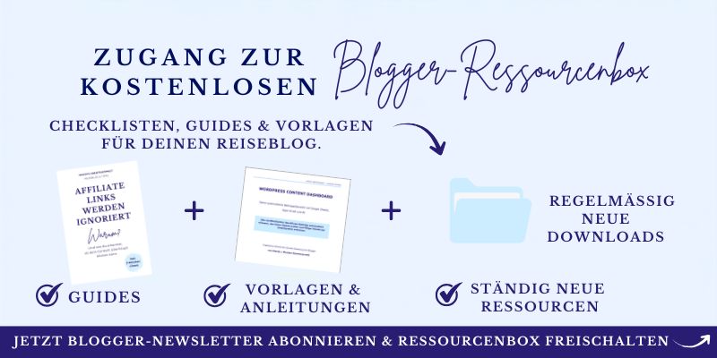 Banner mit der Aufschrift »Zugang zur kostenlosen Blogger-Ressourcenbox« sowie Hinweisen zu Guides und Vorlagen.